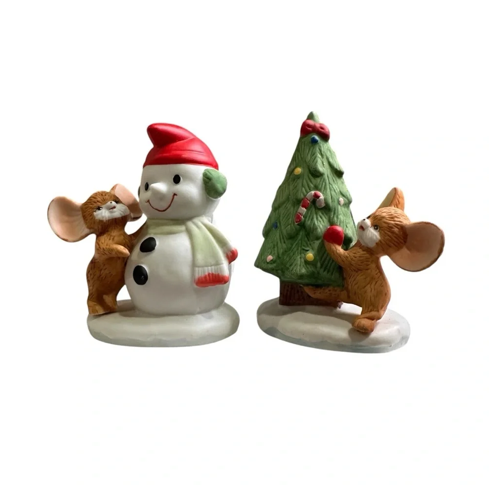 Vintage Homco 8905 2 Piece Christmas Snowman and Mouse Figures Set